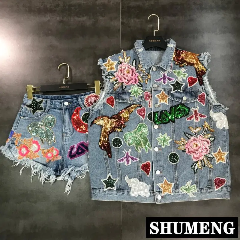 

Street Fashion Women Flower Star Sequins Embroidered Jeans Vest Jacket + Denim Shorts Two Piece Female Luxury Jeans Shorts Set