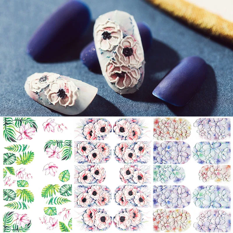 

1Pcs 3D Engraved Flower Nail Sticker Luxury Embossed Wave Nail Appliques Slider Nail Art Decoration Manicure Accessory
