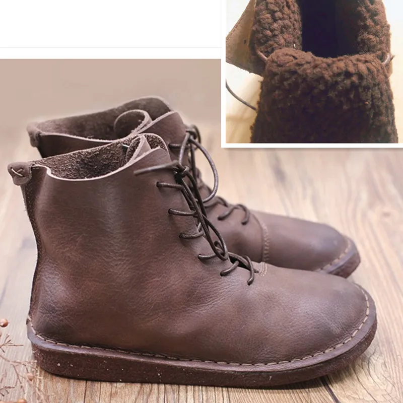 Careaymade/ботинки для отдыха из натуральной воловьей кожи в стиле ретро; высококачественные сапоги на плоской подошве с круглым носком на шнуровке - Цвет: Coffee Villus