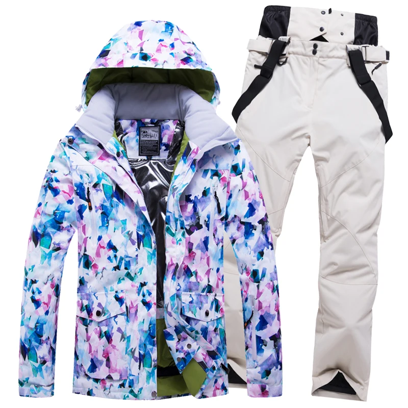 Color 8 Женский лыжный костюм Лыжная куртка брюки сноуборд одежда с капюшоном ветрозащитная водонепроницаемая верхняя спортивная одежда женский зимний костюм комплект - Цвет: Color 8