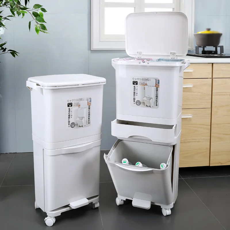 

42L Kitchen Garbage Can Wet Dry Trash Sorting Bin 3 Layer Recyclable Vertical Trash Cabinet Household Waste Pressing Bin Wheel