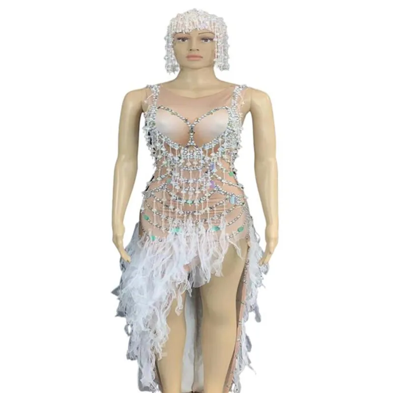 

Новинка, модное женское облегающее платье с блестками, сексуальное платье на день рождения, сценическая одежда с разрезом, головной убор, танцевальный костюм