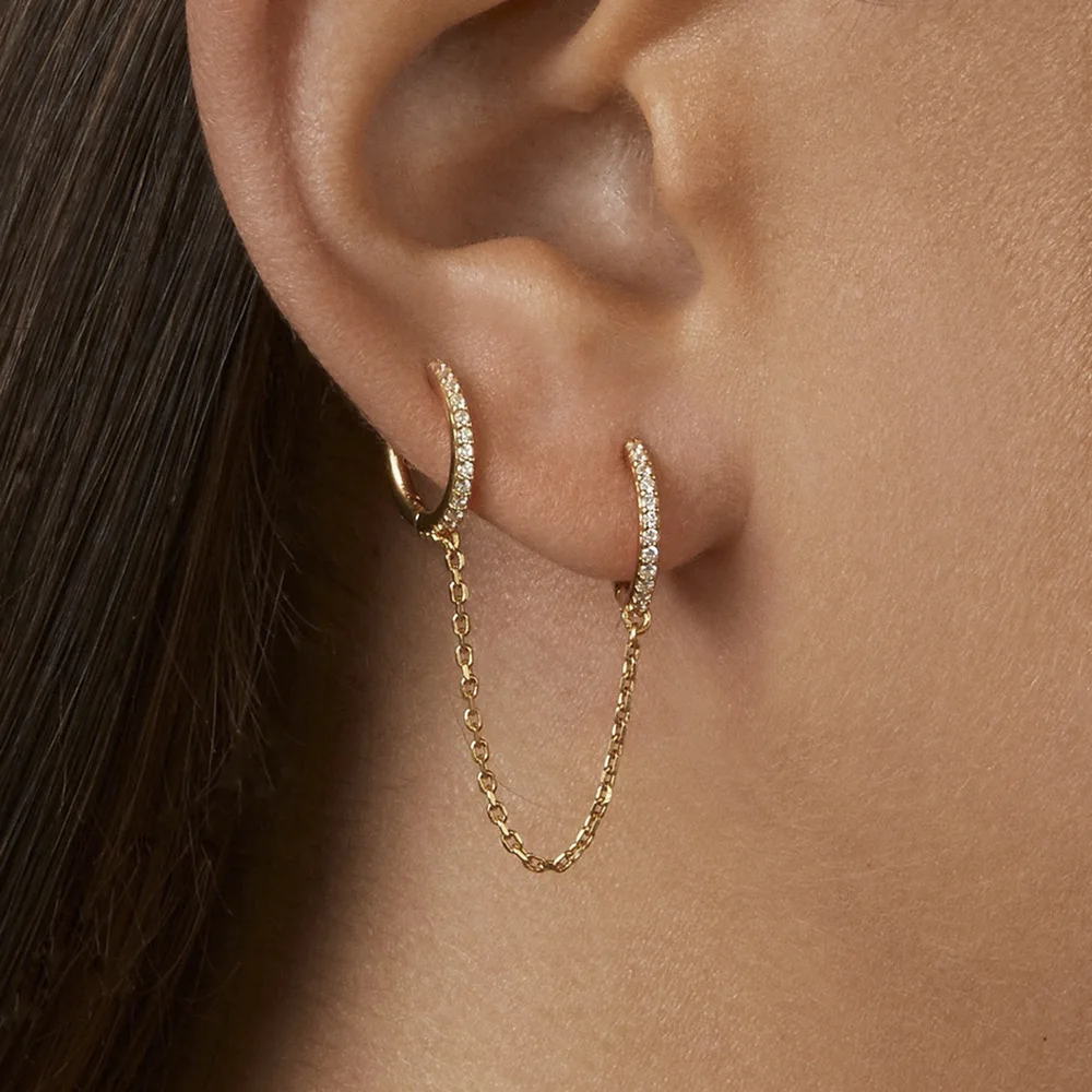 

New Simple Women's Double Circle Pave Crystal Small Hoop Earrings Skinny Rainbow Boho Classic Minimal Huggie Earrings