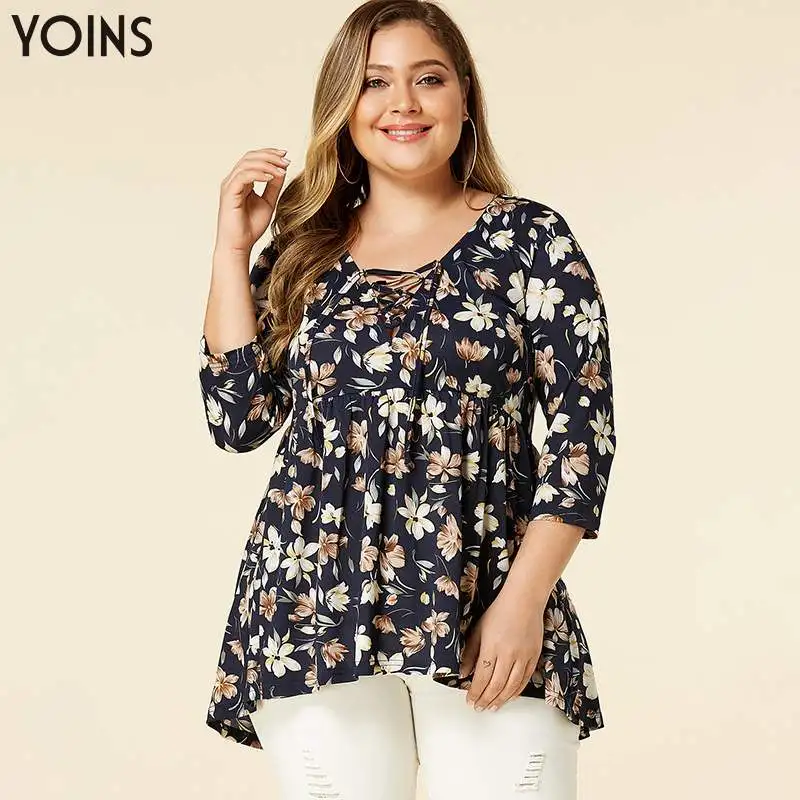 

YOINS Women Floral Print Round Neck Ruched 3/4 Length Sleeve Blouse 2019 Lace-up Female Shirts Plus Size Blusas Spring Autumn