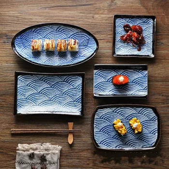 

Wave Pattern Sushi Plates Japanese Style Non-slip Design Ceramic Tableware Retro Japanese Cuisine Dishes Dinner Service