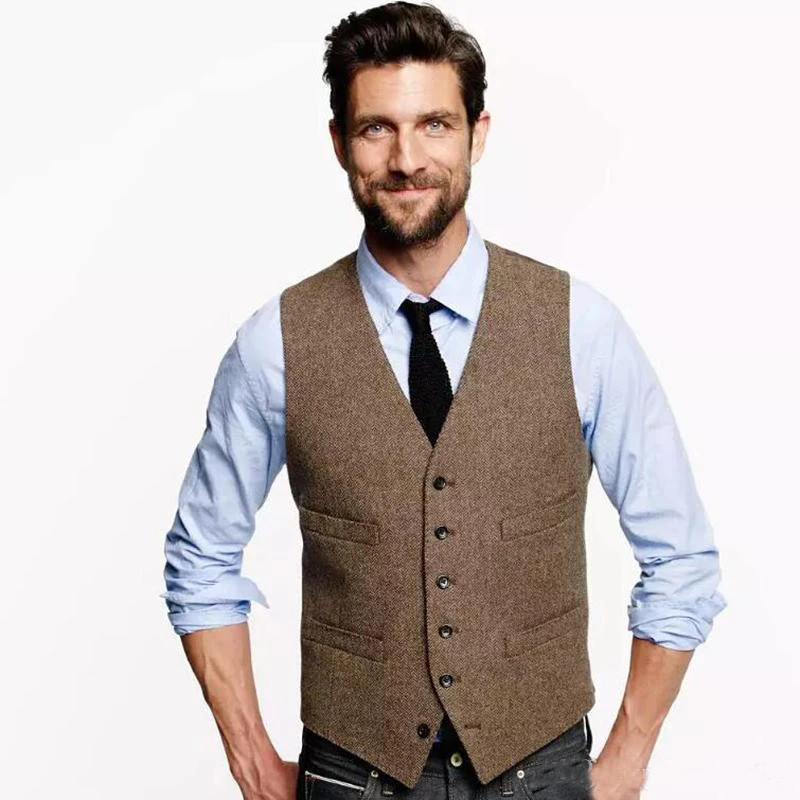 Vintage Brown Groom Vests For Rustic Wedding Tweed Herringbone Mens Suit Vests Slim Fit Men's Dress Vest Custom Waistcoat Adjust
