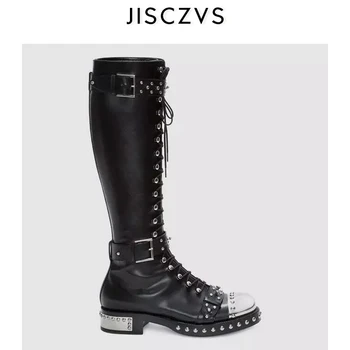 

Quality Punk Black Flats Genuine Leather Studded Lace Up Buckle Long Boots Motorcycle Winter Booties Woman Knee High Snow Boot
