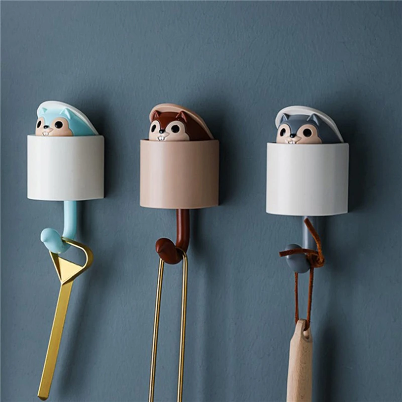Gancho de dibujo de ardilla adhesivo, anzuelos de pared, estante de cocina resistente para habitación de niños y dormitorio