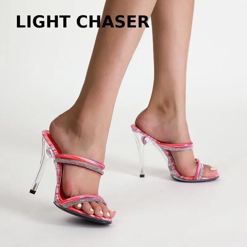 

Summer New Brand Designer Fashion Word With Rhinestones Sandals And Slippers Sexy Female High Heels Crystal Heel Female Slippers