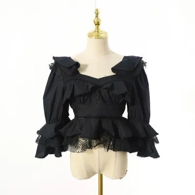 black Boho шикарные топы Весна Лето Высокое качество оборки белая сетка вышивка блузки женские сексуальные женские рубашки блузка V734 - Цвет: black