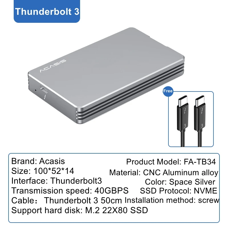 Acasis Thunderbolt 3 Mobile Enclosure  M.2 NVME  Solid State SSD Notebook Desktop External Shell Type C 40Gbps High-Speed hdd casing 3.0 HDD Box Enclosures