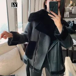 Ly Varey Lin женская искусственная мягкая кожаная куртка из шерсти ягнят пальто теплые толстые свободные черные мото куртки на молнии женские с