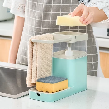 

3 In 1 Kitchen Sink Storage Rack Dishwashing Brush Press Liquid Box Sponge Wipe Combination Detergent Bathroom Kitchen Clean