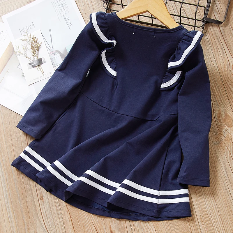 Bear Leader Girls Dress Navy Style Dress Spring Long Sleeve Puff Sleeve Princess Dresses Solid Children Dress Toddler Dresses