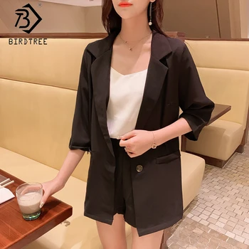 

2020 Summer New Women's Blazer Suits Two Pieces Set Single-Button Notched Tops Elastic Waist Shorts S04702K