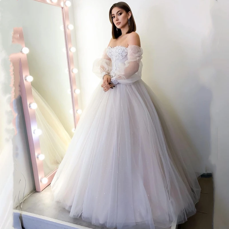 Sweetheart Full-Sleeves Wedding Dress Floor-Length Off the Shoulder Illusion Tulle  Lace  Applique 2024 New A-Line Bride Gown elegant lace a line wedding dress long sleeves off shoulder tulle bride gowns 2024 new custom made plus size applique party robe