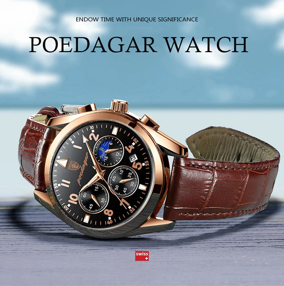 POEDAGAR Men Watches Fashion 2021 New Leather Waterproof Luminous Wristwatch Top Brand Luxury Mens Quartz Relogio Masculino