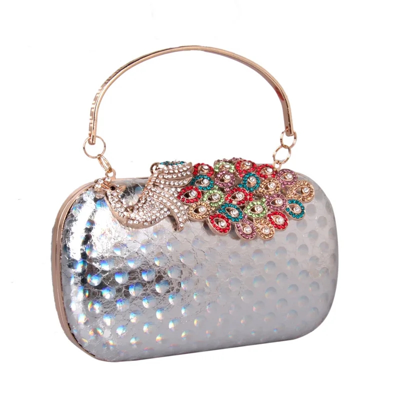 

Simple Leather Bag Lady Diamond Set Peacock Hard Box Clutch Laser Colorful Banquet li fu bao Evening Bag