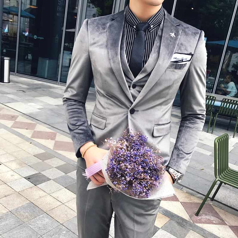 

2018 Winter Suits Mens British Style Suits Mens Velvet Suits Slim Fit 3 piece Set Wedding Formal Dress Black Tuxedo Patry Club