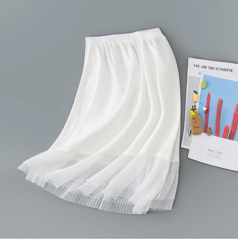 White cotton non static lace mesh inner skirt mid length elastic waist underskirt for dress autumn and winter bottoming skirt