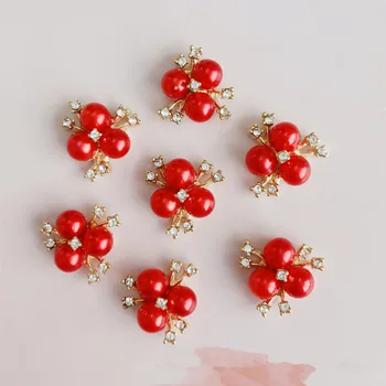 

10 pcs/lot Alloy Flower Gold Red Pearls Rhinestone Buttons For Clothing Ornaments Earrings Choker Hair DIY Jewelry Accessories