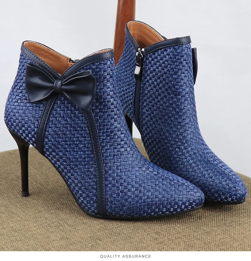 Women Ankle Boots 2021 New Fashion Woven Bow Ladies Shoes Thin High Heels Female Spring Autumn Zipper Blue Black Gray