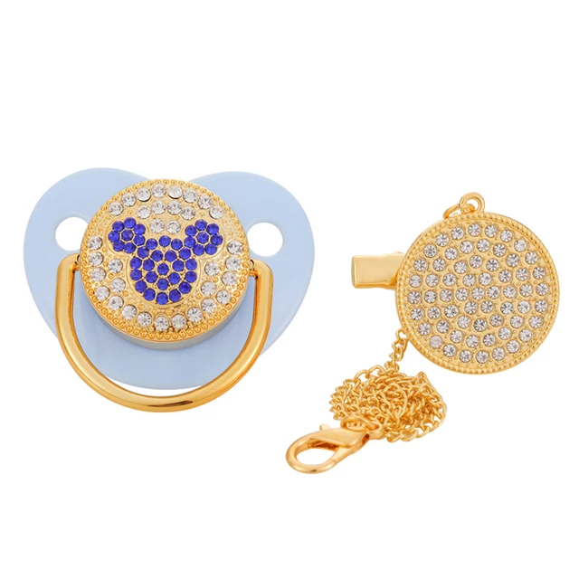 BLINGONLY Luxury Rhinestone Chupete Pink Bling Baby Pacifier With Clip Blue 0-6 M