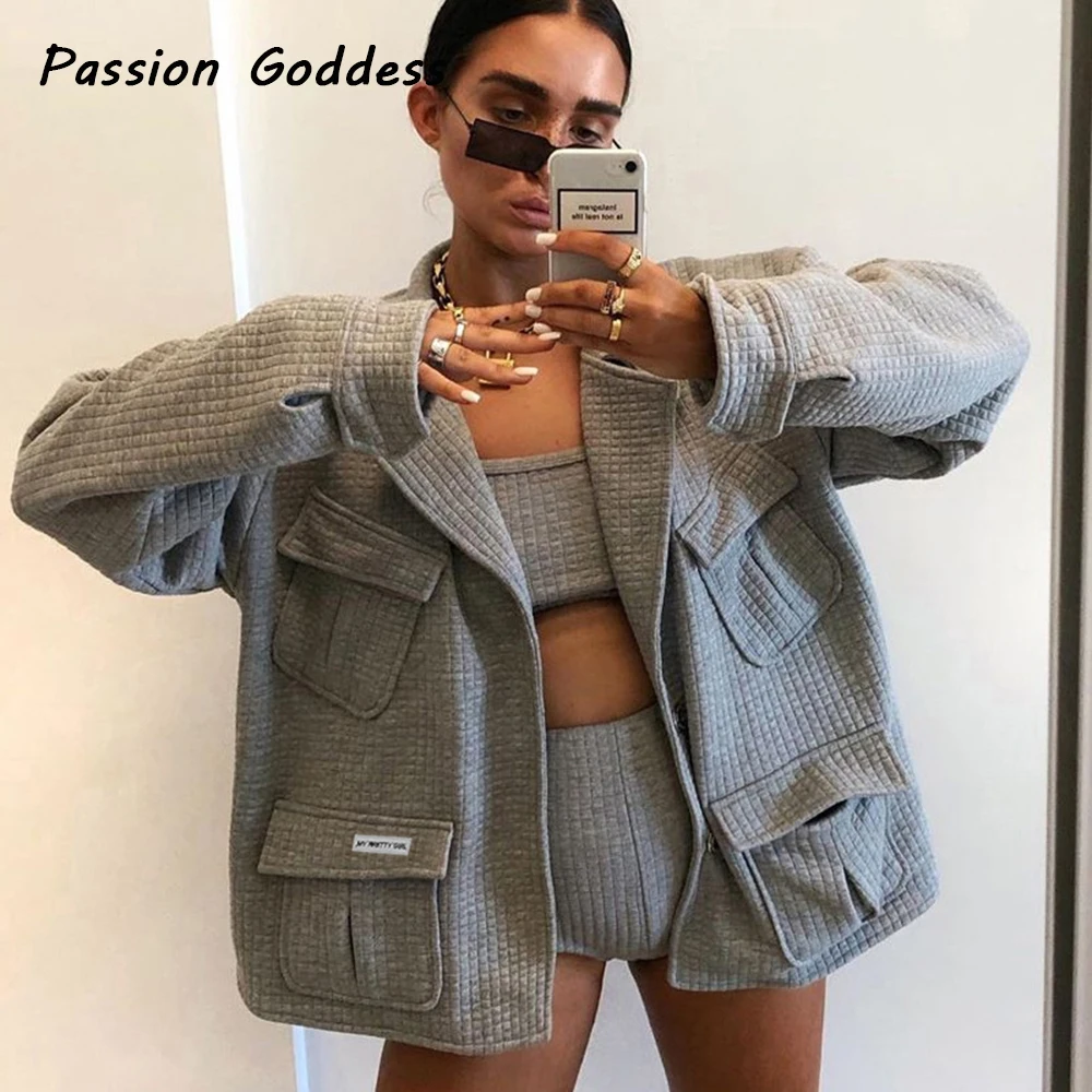 

Winter Women Warm Woolen Outcoat Jackets Oversized Casual Single-breasted Suit Collar Multi-pocket Gray Square Casaco Feminino
