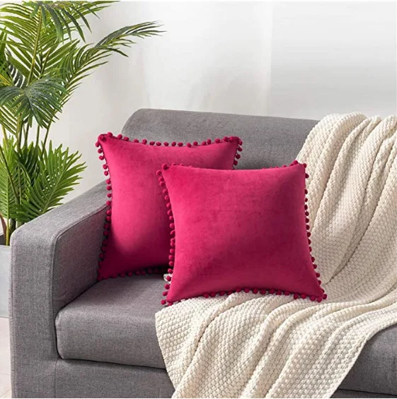 Velvet Decorative Cushion with Ball Home Decor Sofa Pillowcase  Pure Color Drop Ball Plush Car Home Office Throw Pillowcase 