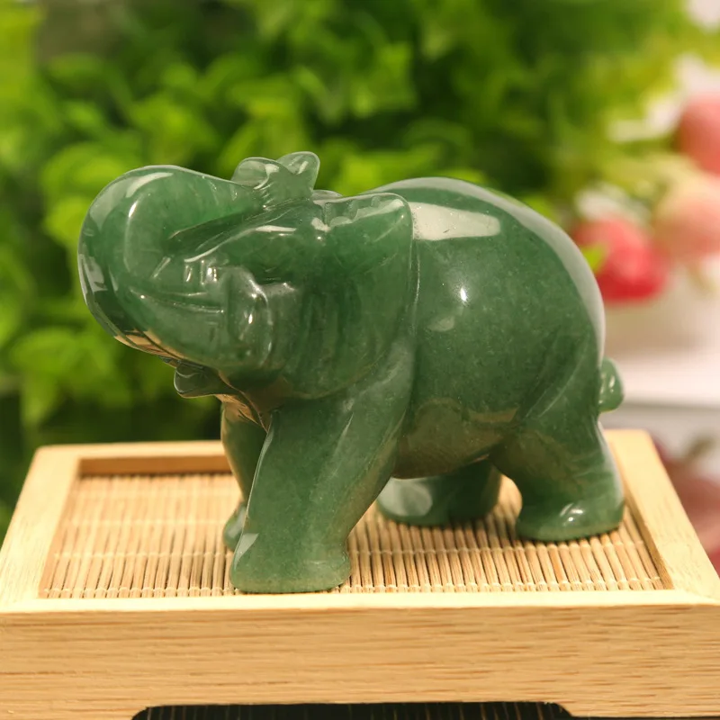 Avventurina Verde Jade Ston Lucky Elephant Fortune Feng Shui Statue Figurine Office Ornament Chakra Healing Stones Statue Decor