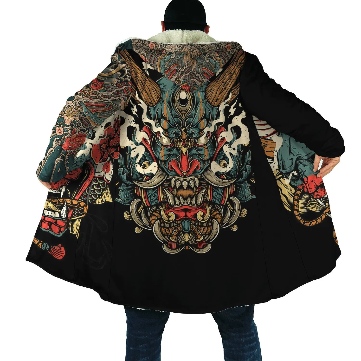 Drop shipping Winter Mens Cloak Samurai Oni Mask Tattoo 3D Printing Fleece Hooded cloak Unisex Casual Thick Warm Cape coat PF31 retail wholesale western mens plating metal belt buckles in high quality cowboy belt buckle suit for 4 cm belts drop shipping