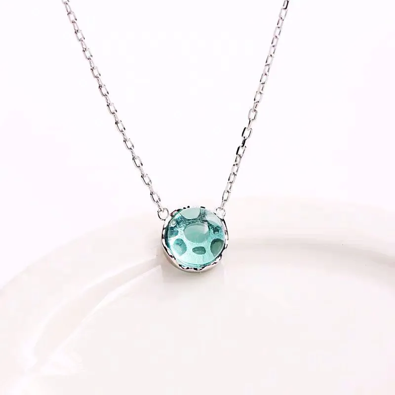 

Silver Home Sea Blue Water Droplet with Holes End S925 Sterling Silver Necklace Japanese Korean Elegant Hipster Choker