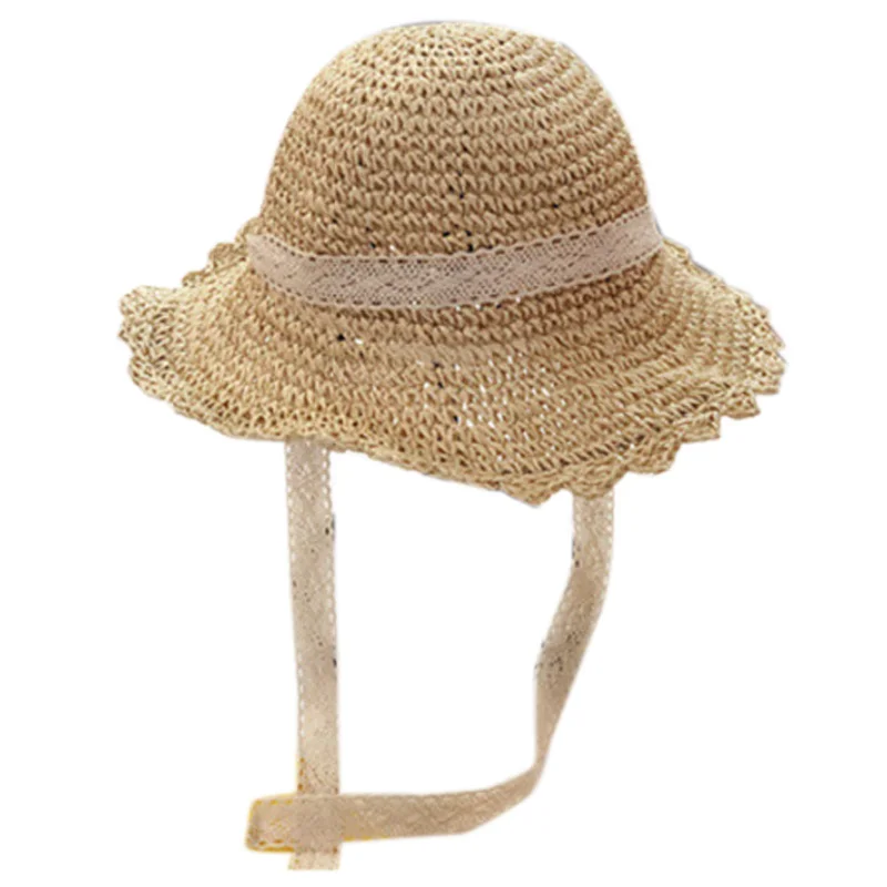 

Children'S Straw Hat Wide-Brimmed Hat Handmade Lace Folding Beach Hat Female Summer Hat Baby Chapeau Femme Parent-Child Cap Beig