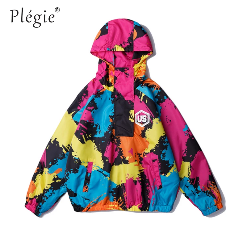 

Plegie Rainbow Tie Dye Half Zipper Pullover Windbreaker Hooded Jackets Mens Hip Hop bright Color Track Streetwear Jacket Coats