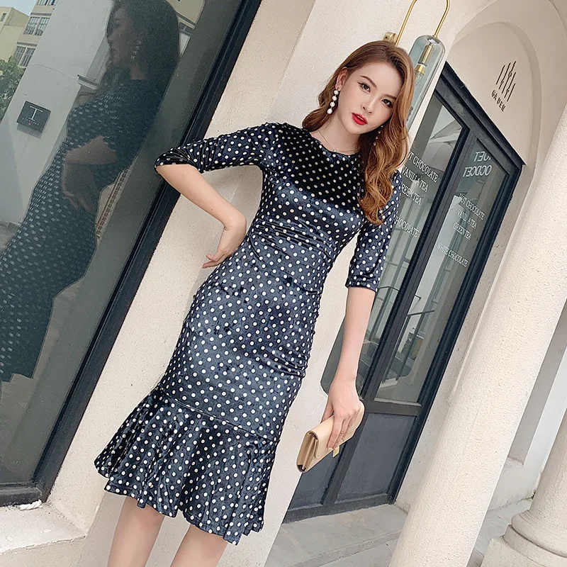 Sexy Party Bodycon Mermaid Dresses Women Three-quarter Sleeve O Neck Dresses Office Dot Print Vintage Bandage Velvet Dress