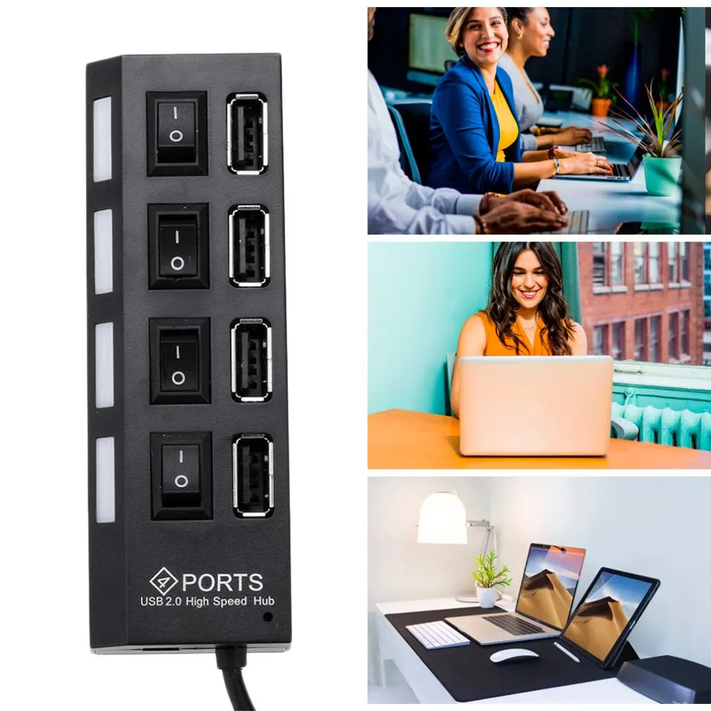 Высокая Скорость 4 Порты и разъёмы USB 2,0 внешнего мульти расширительный концентратор с переключатель вкл./выкл. Прямая