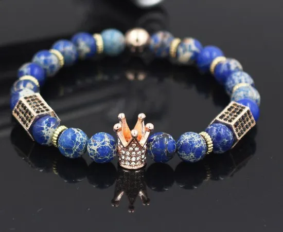 8mm yhh23 gold silver Copper cz zircon cubic zirconia elastic adjusted Charm lapis lazuli nature stone agate Onyx Crown Bracelet | Украшения