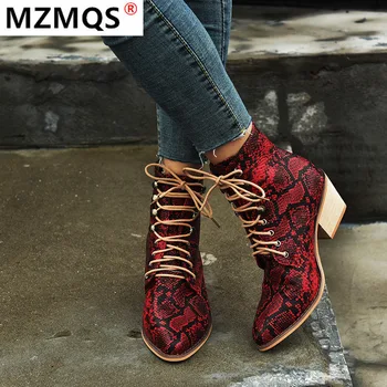 

2020 Winter Women's Boots Fashion Lace-up Boots Pointed Snake Pattern Low Heel Ankle Boots Short Plush Warm Boots Botas Mujer