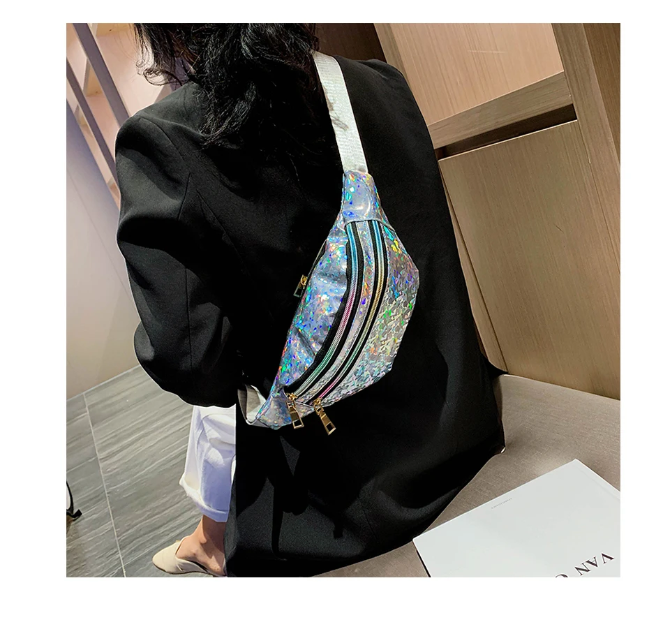 AIREEBAY 3-Zipper Pocket Женская голографическая поясная сумка розовый серебряный с блестками поясная сумка для женщин Лазерная грудь Бум сумки с голограммой