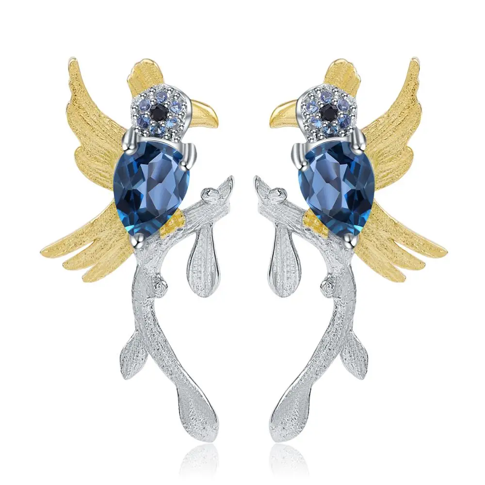 

GEM'S BALLET 925 Sterling Silver Handmade Earrings for Women Wedding Jewelry 1.30Ct Natural London Blue Topaz Bird Stud Earrings