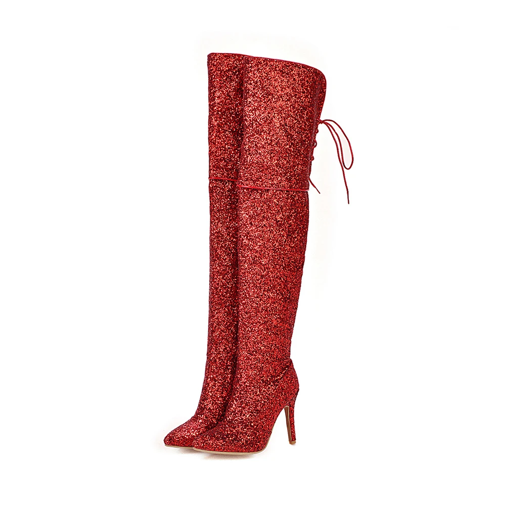 DORATASIA/Новые пикантные вечерние ботфорты больших размеров 33-48 Женские Сапоги выше колена на высоком каблуке - Цвет: Красный