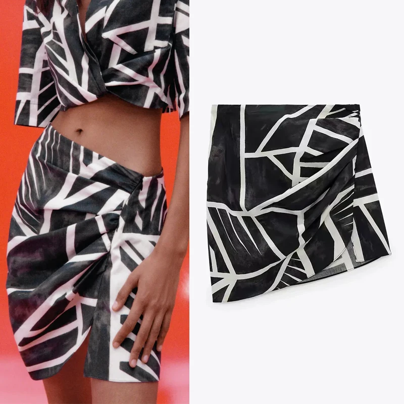 Za-minifalda de cintura alta para mujer, falda asimétrica con estampado negro, dobladillo, abertura lateral y cremallera, para verano, 2021