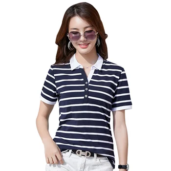 

Cotton T-shirt Women 2020 New Summer Short Sleeve Turn-down Collar Striped Female T-Shirt Office Lady Basic Classic Tops