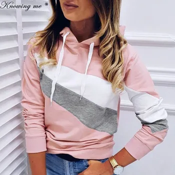 

Knowing me 2019 Autumn patchwork hooded Sweatshirts women Winter Long Sleeve Casual Pullovers Lady Drawsting Sweatshirt tops