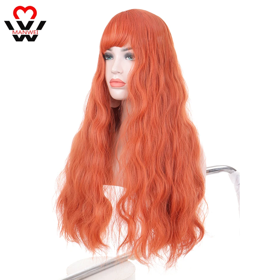 MANWEI wig Long Womens Wigs Ombre Orange Blonde Heat Resistant Part Side Synthetic Wavy for African American Women |