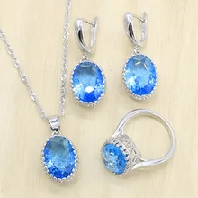 Овальный голубой кристалл 925 серебряные ювелирные наборы для женщин серьги кольца ожерелье Подарочная коробка для кулона