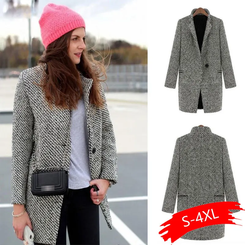 

Women Winter Casual Long Sleeve Houndstooth Button Coat Gray Autumn, Outerwear Casual, Street, Outdoor, etc
