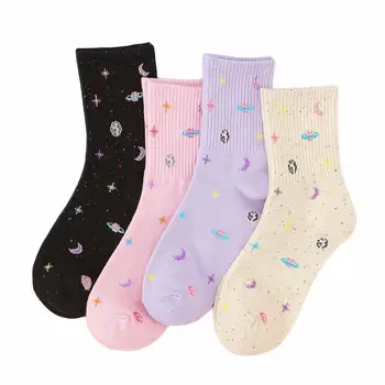 

Autumn Winter Ladies Socks Cartoon Cotton Star Space Cartoon Women's Socks Harajuku Creative Moon Star Happy Funny Socks Soft