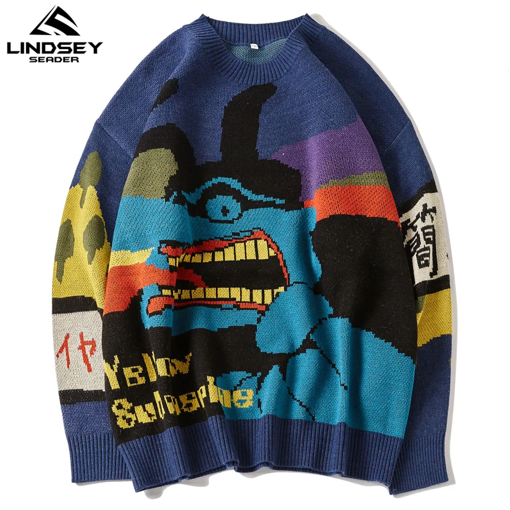 

LINDSEY SEADER Men's Knitted Sweater Male 2020 Cartoon Printed Cashmere Wool Oversize Korean Knitwear Jumper Men's Clothing