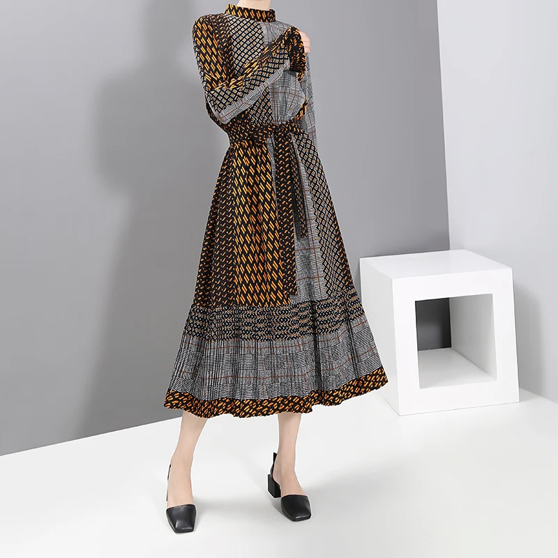 Корейский стиль Для женщин с длинными рукавами на осень платье с геометрическим узором с поясом трапециевидной формы с принтом женские стильные вечерние платья vestido 5477